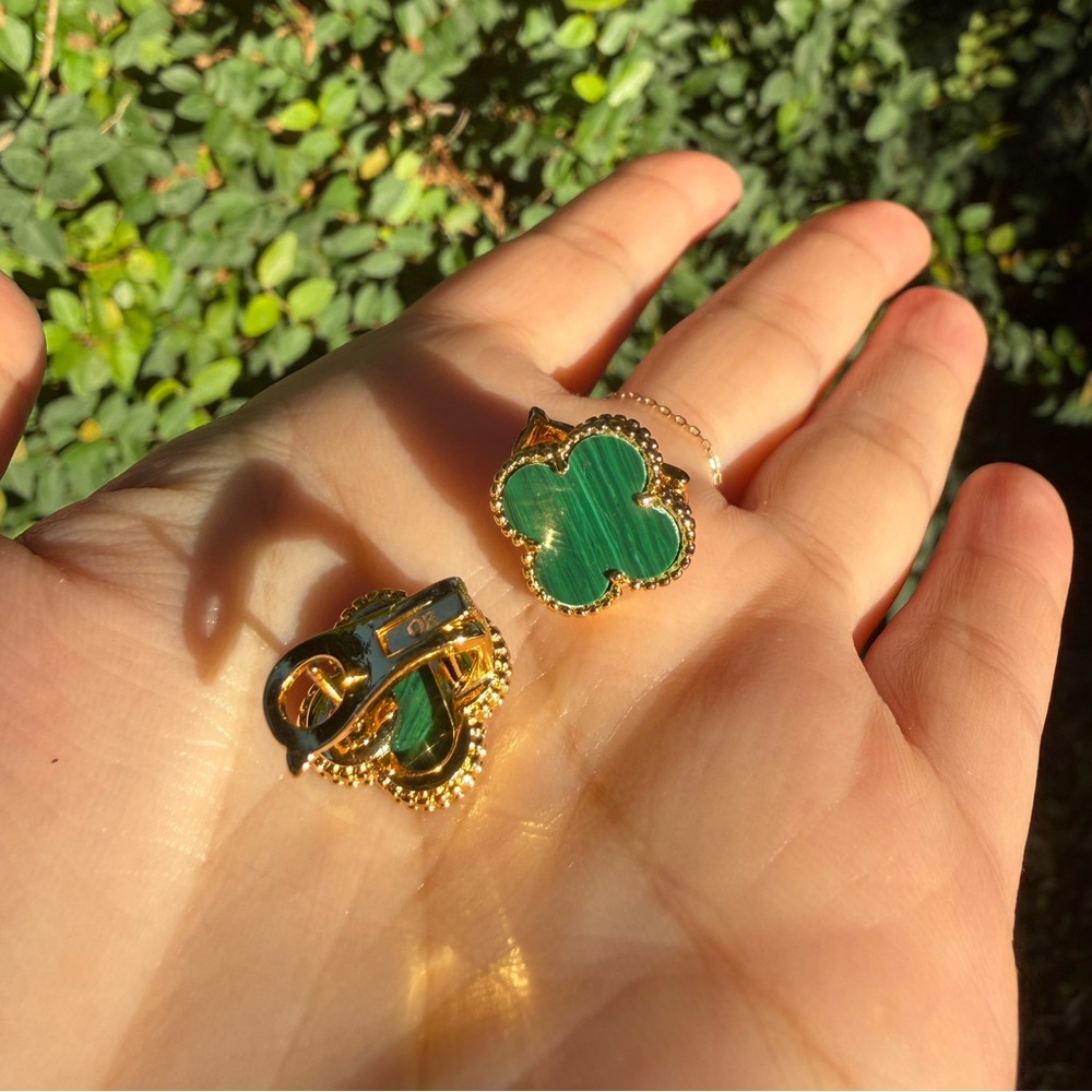 New! Gold and Green Clip-On Clover Earrings - Picture 3 of 7